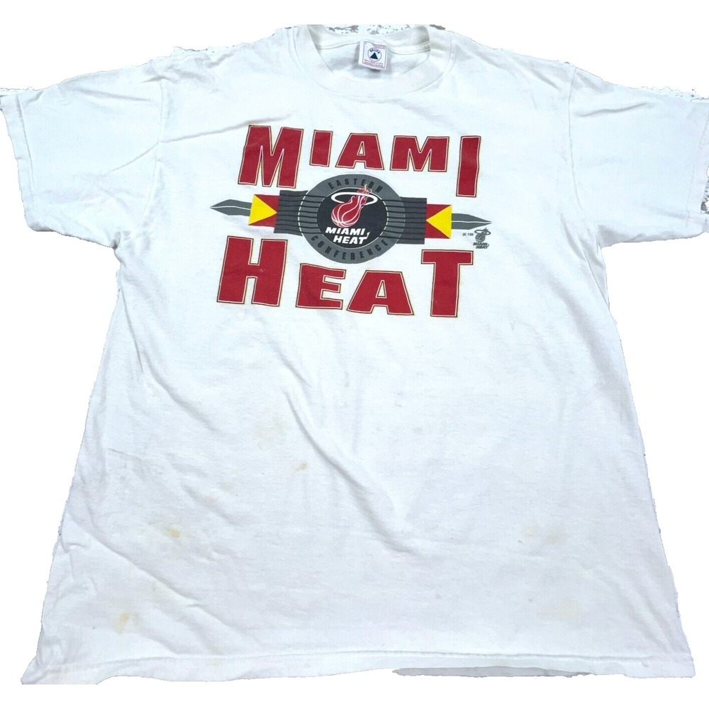 Vintage Miami Heat Shirt Men Large White Tee NBA Basketball Spell Out 90s Y2K *